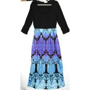 Trancylight Maxi Dress Women L‎ Black Blue Purple Boho Print 3/4 Sleeve Pocket